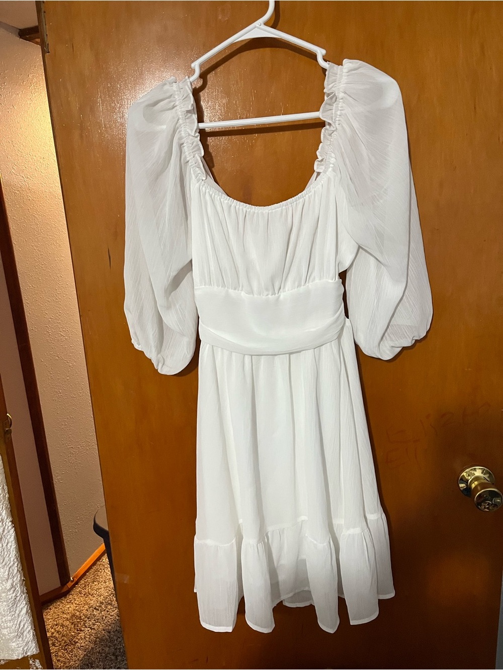 White Puff-Sleeve Midi Dress